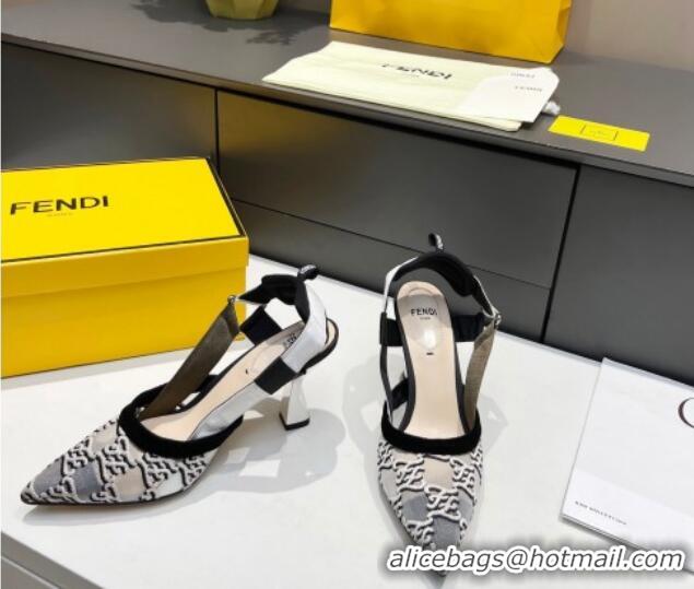 Low Cost Fendi Colibri Karligraphy Slingback Pumps 8cm in Mesh and Embroidery 111610 Grey