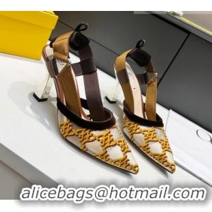 New Style Fendi Colibri Karligraphy Slingback Pumps 8cm in Mesh and Embroidery 111610 Gold