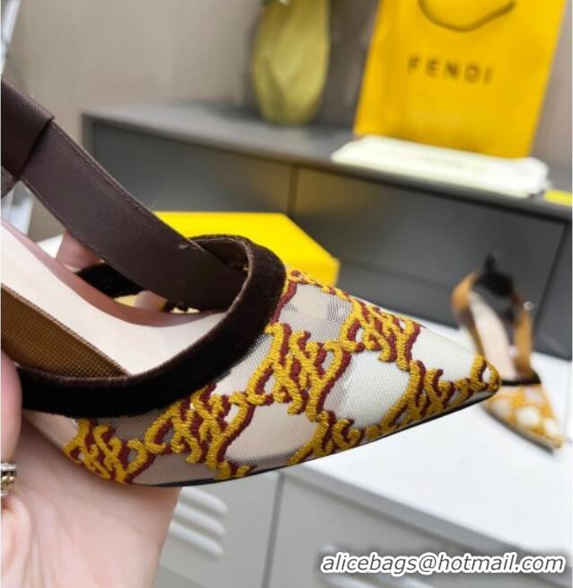 New Style Fendi Colibri Karligraphy Slingback Pumps 8cm in Mesh and Embroidery 111610 Gold