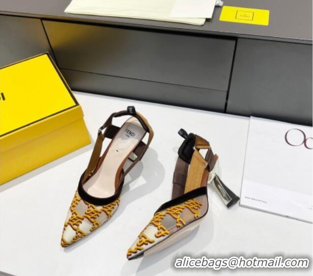 New Style Fendi Colibri Karligraphy Slingback Pumps 8cm in Mesh and Embroidery 111610 Gold