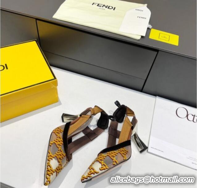 New Style Fendi Colibri Karligraphy Slingback Pumps 8cm in Mesh and Embroidery 111610 Gold