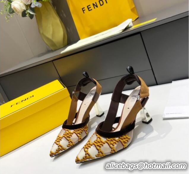 New Style Fendi Colibri Karligraphy Slingback Pumps 8cm in Mesh and Embroidery 111610 Gold