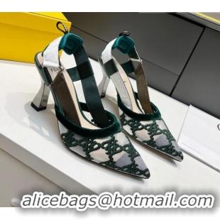 Charming Fendi Colibri Karligraphy Slingback Pumps 8cm in Mesh and Embroidery 111610 Green