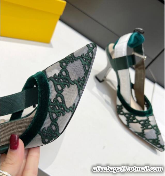 Charming Fendi Colibri Karligraphy Slingback Pumps 8cm in Mesh and Embroidery 111610 Green