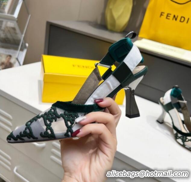 Charming Fendi Colibri Karligraphy Slingback Pumps 8cm in Mesh and Embroidery 111610 Green