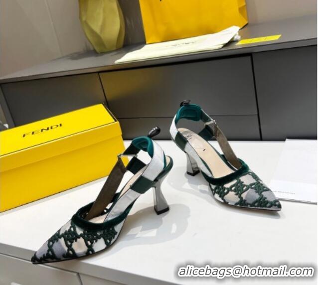 Charming Fendi Colibri Karligraphy Slingback Pumps 8cm in Mesh and Embroidery 111610 Green