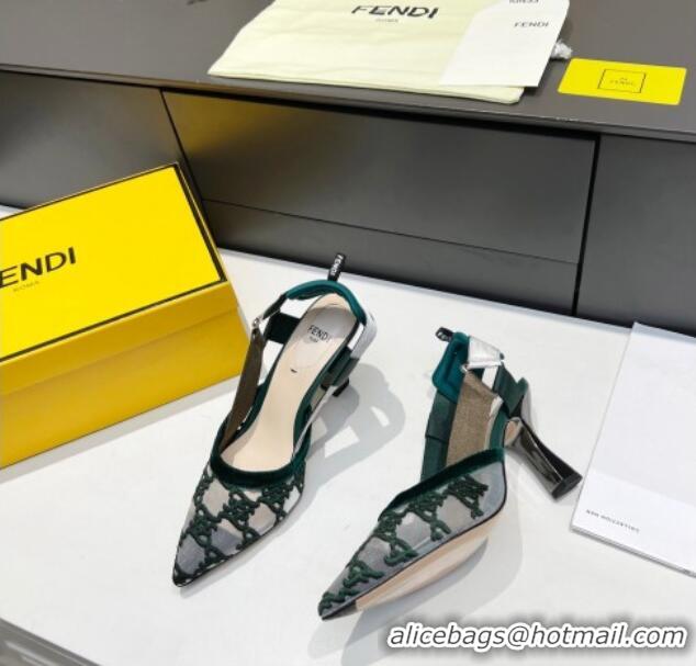 Charming Fendi Colibri Karligraphy Slingback Pumps 8cm in Mesh and Embroidery 111610 Green