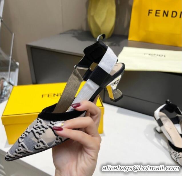 Top Quality Fendi Colibri Karligraphy Slingback Pumps 6cm in Mesh and Embroidery 111613 Grey