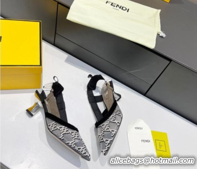 Top Quality Fendi Colibri Karligraphy Slingback Pumps 6cm in Mesh and Embroidery 111613 Grey