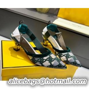 Good Product Fendi Colibri Karligraphy Slingback Pumps 6cm in Mesh and Embroidery 111613 Green