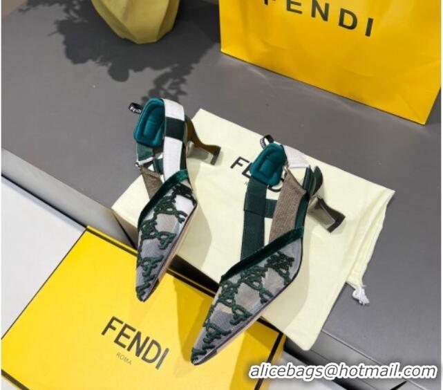 Good Product Fendi Colibri Karligraphy Slingback Pumps 6cm in Mesh and Embroidery 111613 Green