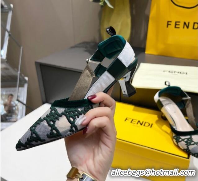 Good Product Fendi Colibri Karligraphy Slingback Pumps 6cm in Mesh and Embroidery 111613 Green