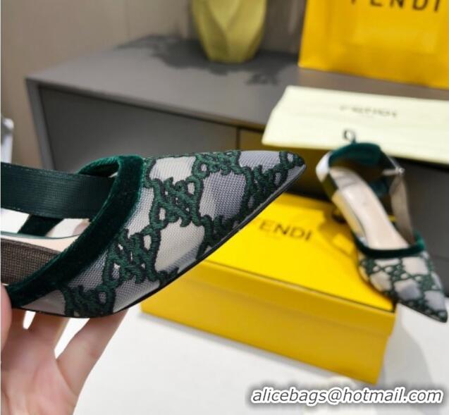 Good Product Fendi Colibri Karligraphy Slingback Pumps 6cm in Mesh and Embroidery 111613 Green