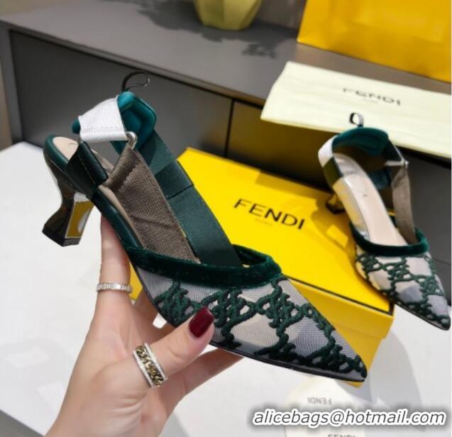 Good Product Fendi Colibri Karligraphy Slingback Pumps 6cm in Mesh and Embroidery 111613 Green