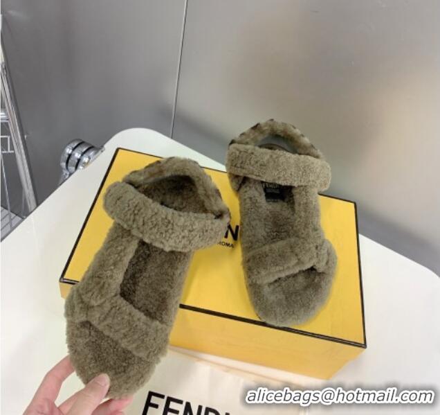 Unique Style Fendi Feel Shearling Flat Sandals Green 121559