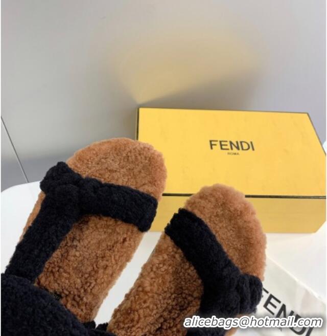 Good Quality Fendi Feel Shearling Flat Sandals 121559 Black/Brown