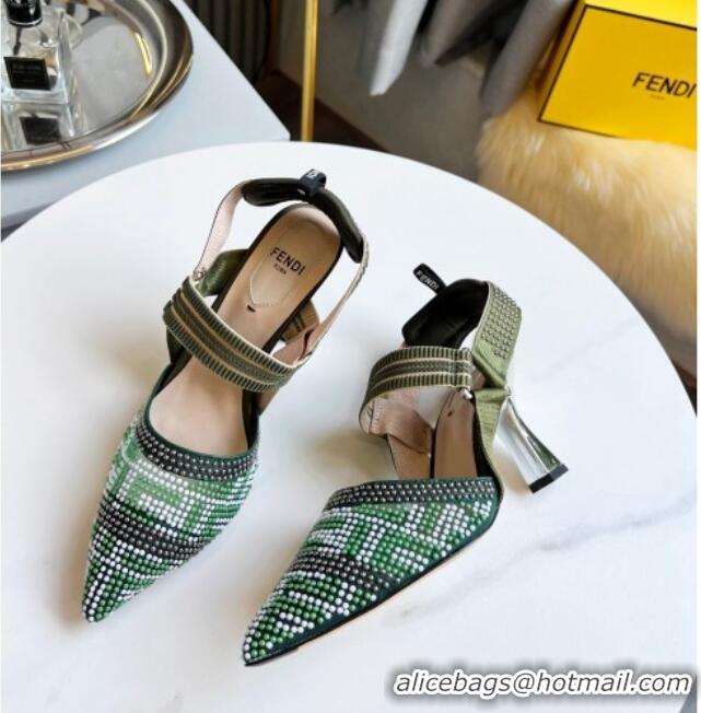 Best Price Fendi Colibrì Allover Stud Slingback Pumps 8cm 121701 Green