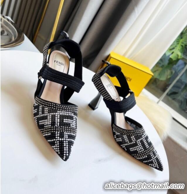 Good Quality Fendi Colibrì Allover Stud Slingback Pumps 8cm 121707 Black