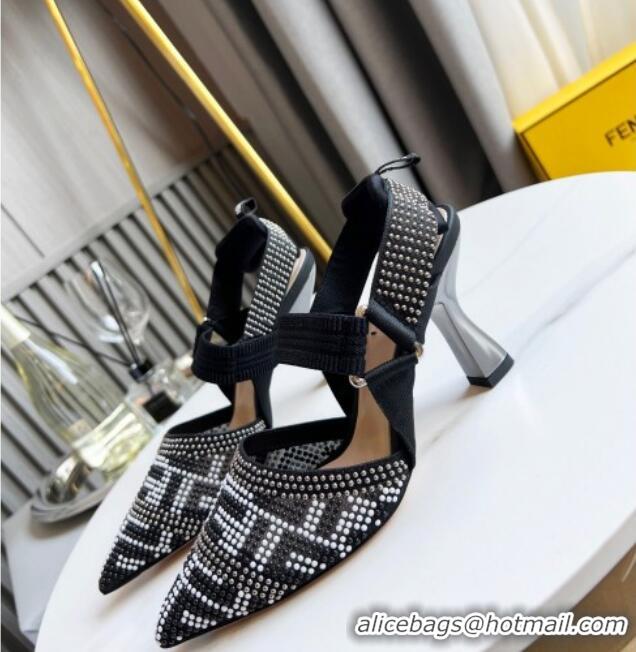 Good Quality Fendi Colibrì Allover Stud Slingback Pumps 8cm 121707 Black