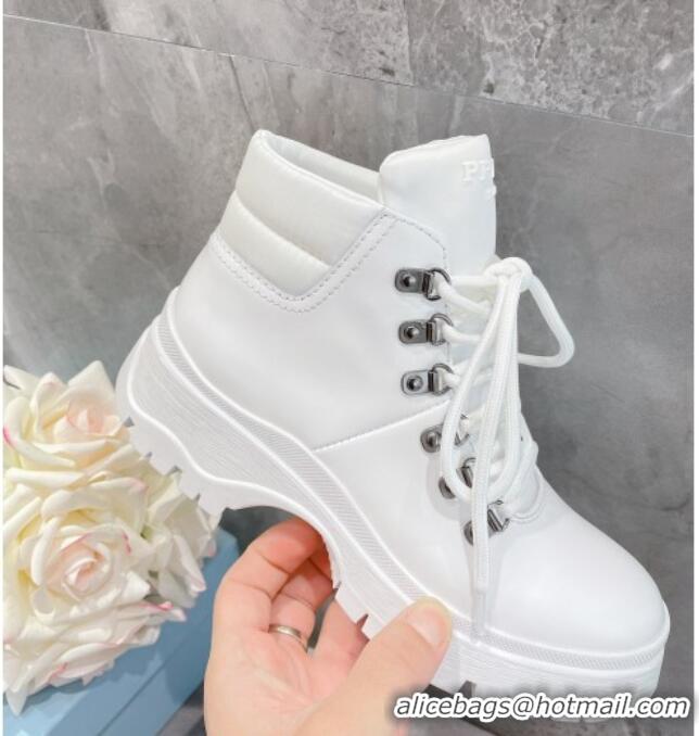 Super Quality Prada Brushed Leather Lace-up Ankle Boots White 111846