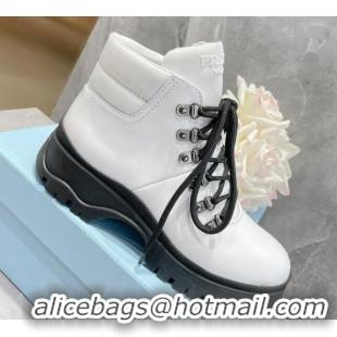 Charming Prada Brushed Leather Lace-up Ankle Boots 111846 White/Black