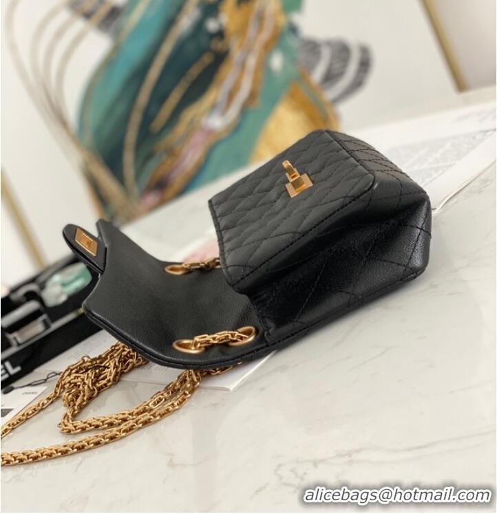 Low Cost Chanel MINI 2.55 HANDBAG Metallic Grained Calfskin & gold Metal AS0874 black