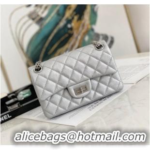 Modern Classic Chanel MINI 2.55 HANDBAG Metallic Grained Calfskin & White Metal AS0874 Silver