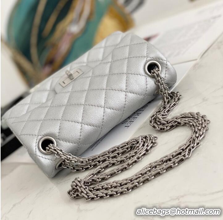 Modern Classic Chanel MINI 2.55 HANDBAG Metallic Grained Calfskin & White Metal AS0874 Silver