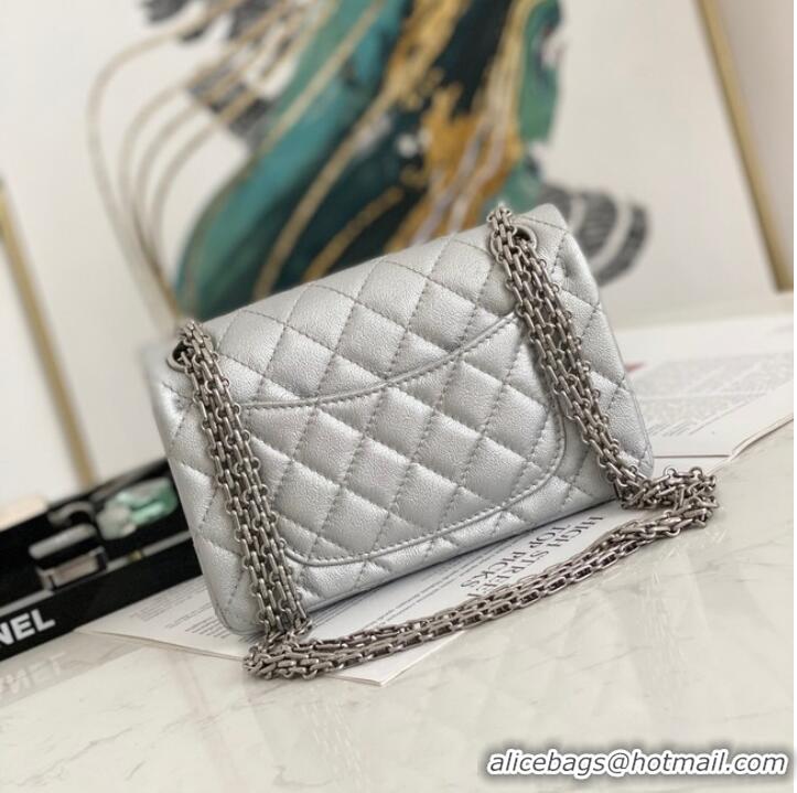 Modern Classic Chanel MINI 2.55 HANDBAG Metallic Grained Calfskin & White Metal AS0874 Silver