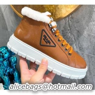 Super Quality Prada Leather and Wool High-Top Sneakers 111857 Brown