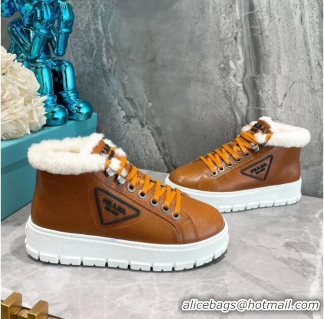 Super Quality Prada Leather and Wool High-Top Sneakers 111857 Brown