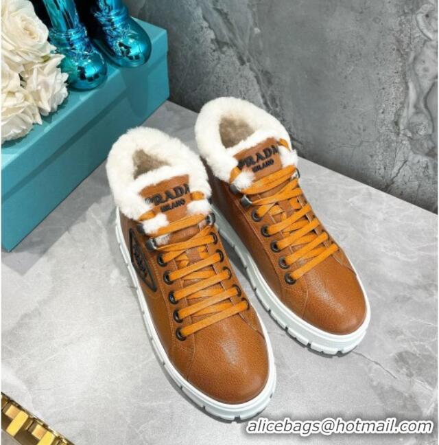 Super Quality Prada Leather and Wool High-Top Sneakers 111857 Brown