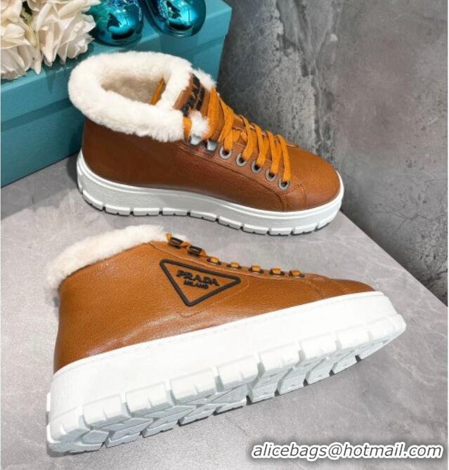 Super Quality Prada Leather and Wool High-Top Sneakers 111857 Brown