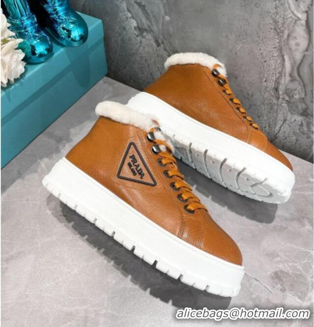 Super Quality Prada Leather and Wool High-Top Sneakers 111857 Brown