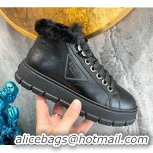 Best Price Prada Leather and Wool High-Top Sneakers 111857 Black