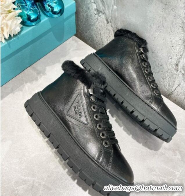 Best Price Prada Leather and Wool High-Top Sneakers 111857 Black