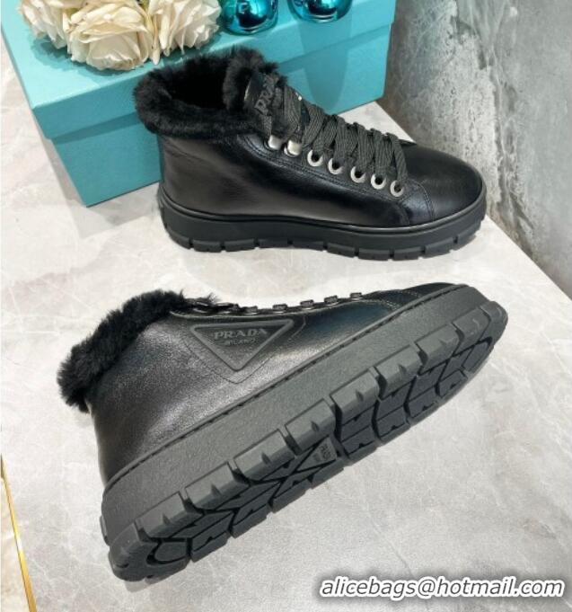 Best Price Prada Leather and Wool High-Top Sneakers 111857 Black