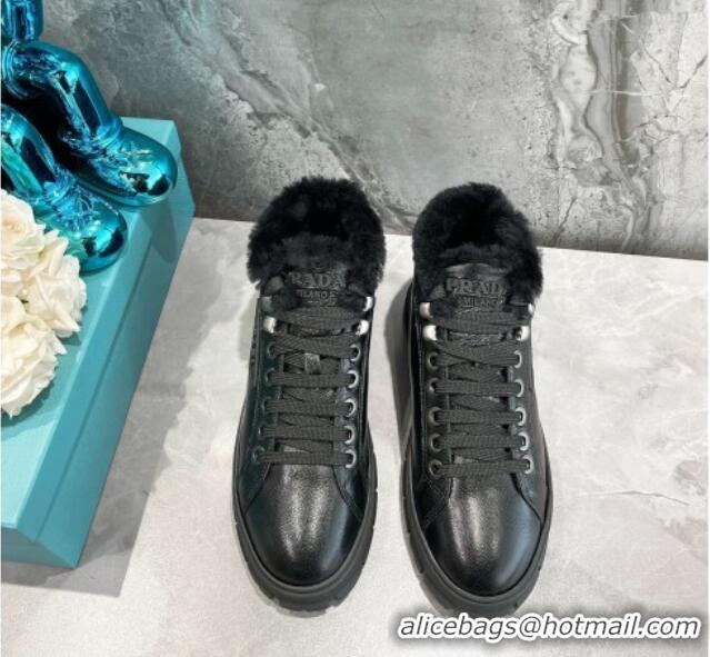 Best Price Prada Leather and Wool High-Top Sneakers 111857 Black