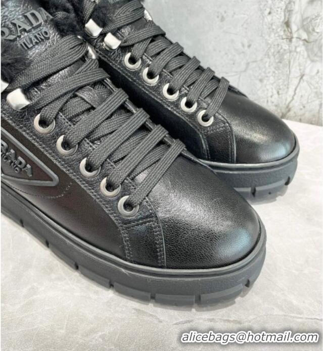 Best Price Prada Leather and Wool High-Top Sneakers 111857 Black