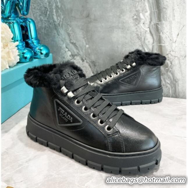 Best Price Prada Leather and Wool High-Top Sneakers 111857 Black