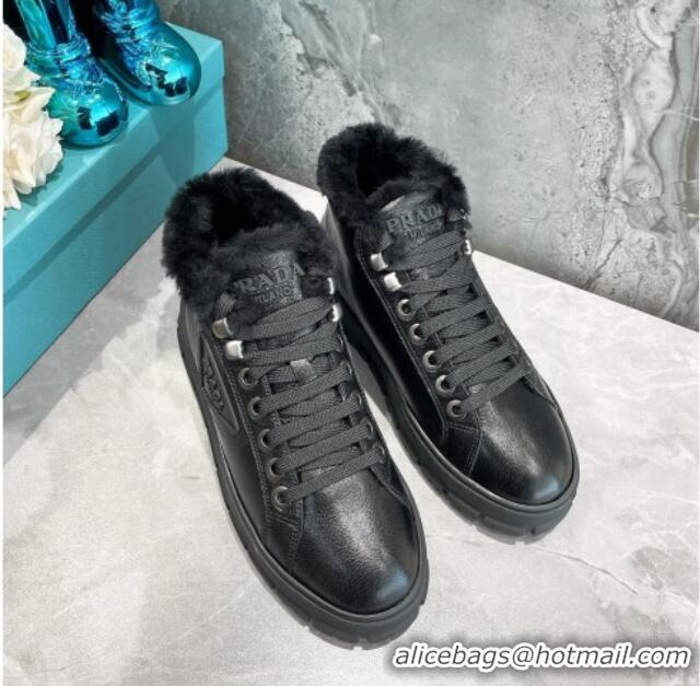 Best Price Prada Leather and Wool High-Top Sneakers 111857 Black