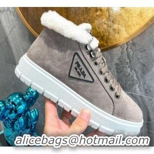 Low Price Prada Suede and Wool High-Top Sneakers Grey 111859