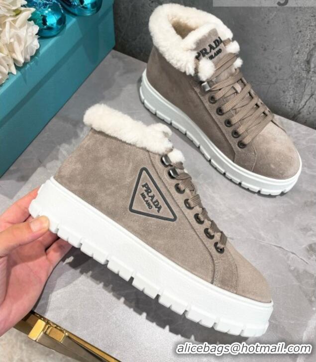 Low Price Prada Suede and Wool High-Top Sneakers Grey 111859