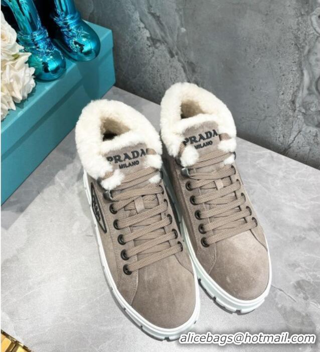 Low Price Prada Suede and Wool High-Top Sneakers Grey 111859