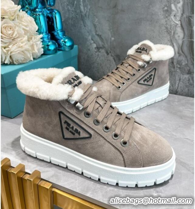 Low Price Prada Suede and Wool High-Top Sneakers Grey 111859