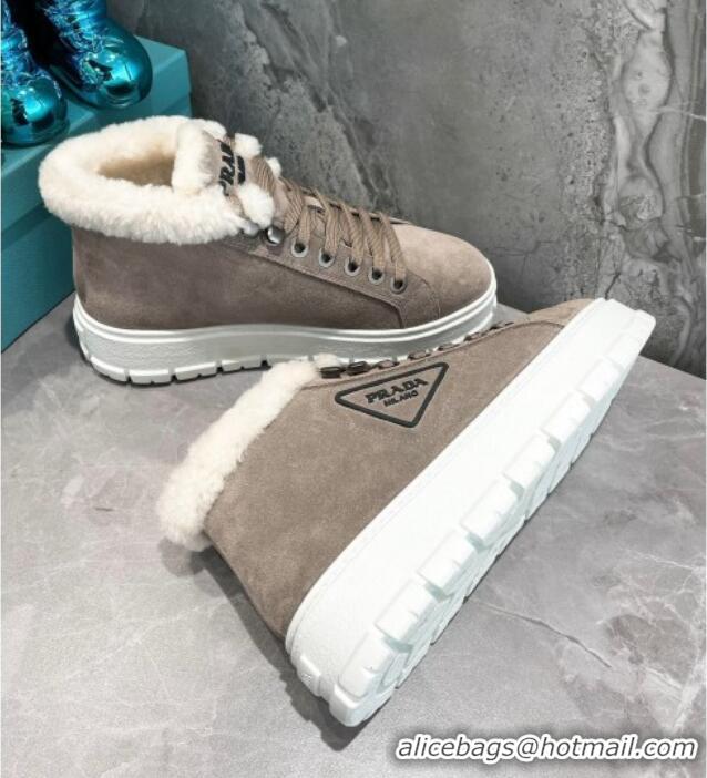 Low Price Prada Suede and Wool High-Top Sneakers Grey 111859