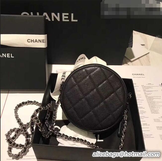 Top Grade Chanel Iridescent Pearl Caviar Classic Round Clutch with Chain Bag AP0366 Black Silver