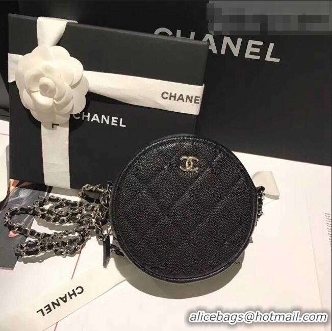 Top Grade Chanel Iridescent Pearl Caviar Classic Round Clutch with Chain Bag AP0366 Black Silver