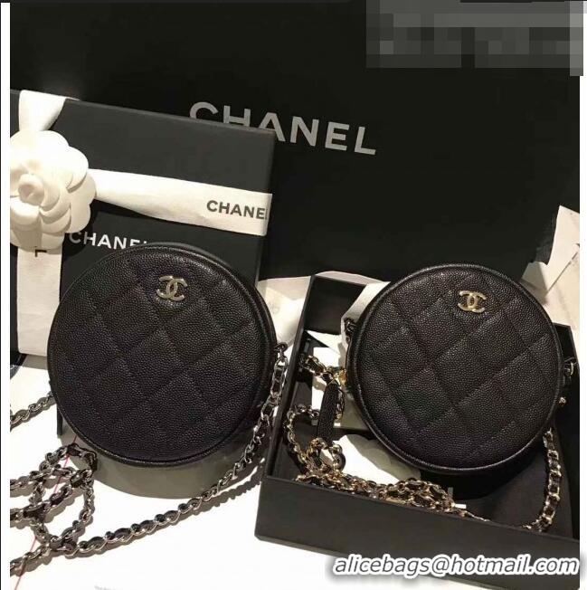 Top Grade Chanel Iridescent Pearl Caviar Classic Round Clutch with Chain Bag AP0366 Black Silver