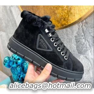 Top Quality Prada Suede and Wool High-Top Sneakers Black 111861